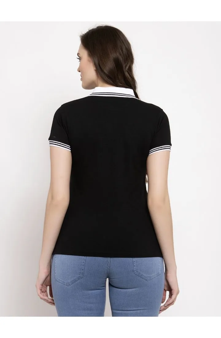 Women Black & White Polo Collar T-shirt