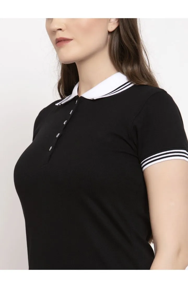 Women Black & White Polo Collar T-shirt