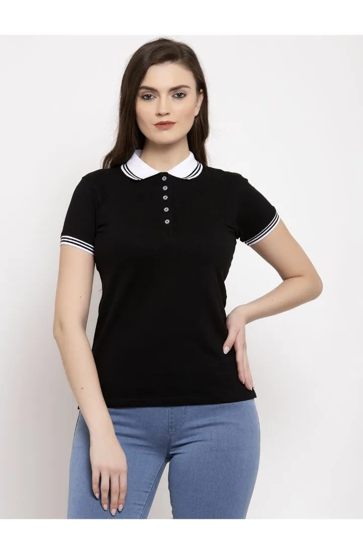 Women Black & White Polo Collar T-shirt